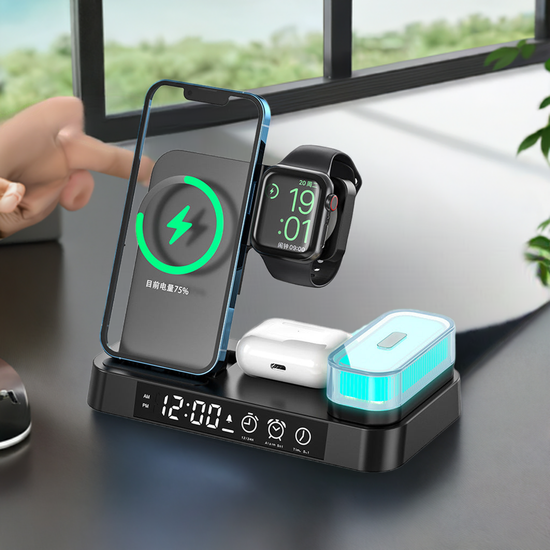 4 In 1 Multifunction Wireless Charger Station With Alarm Clock Display Foldable Wireless Charger Stand With RGB Night Light